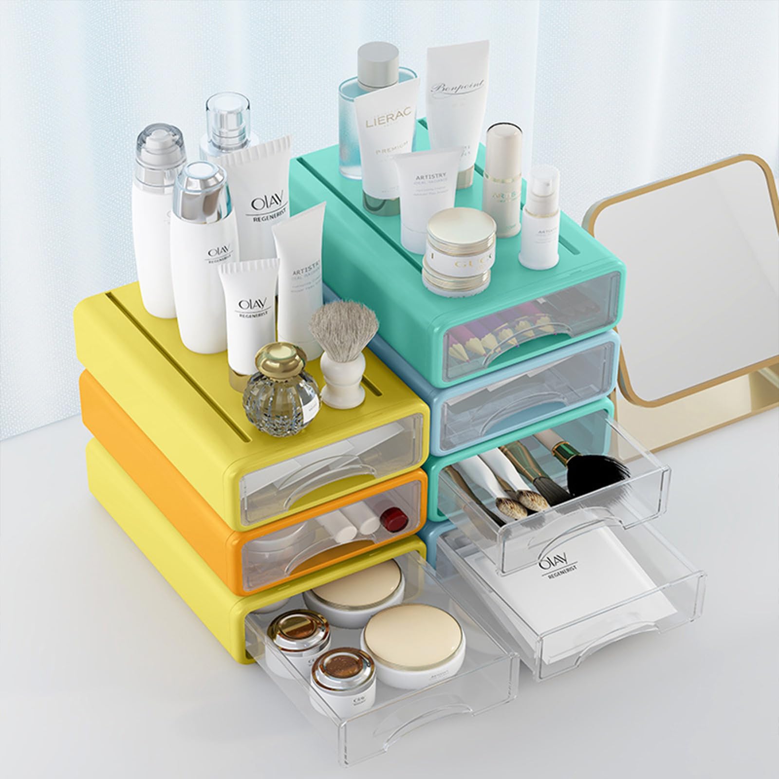 Organizer da scrivania con cassetti, cassetti impilabili con scomparti, organizzazione da scrivania per forniture per ufficio, trucco, matite, nastro, gomme, graffette, caricatori (confezione da 4