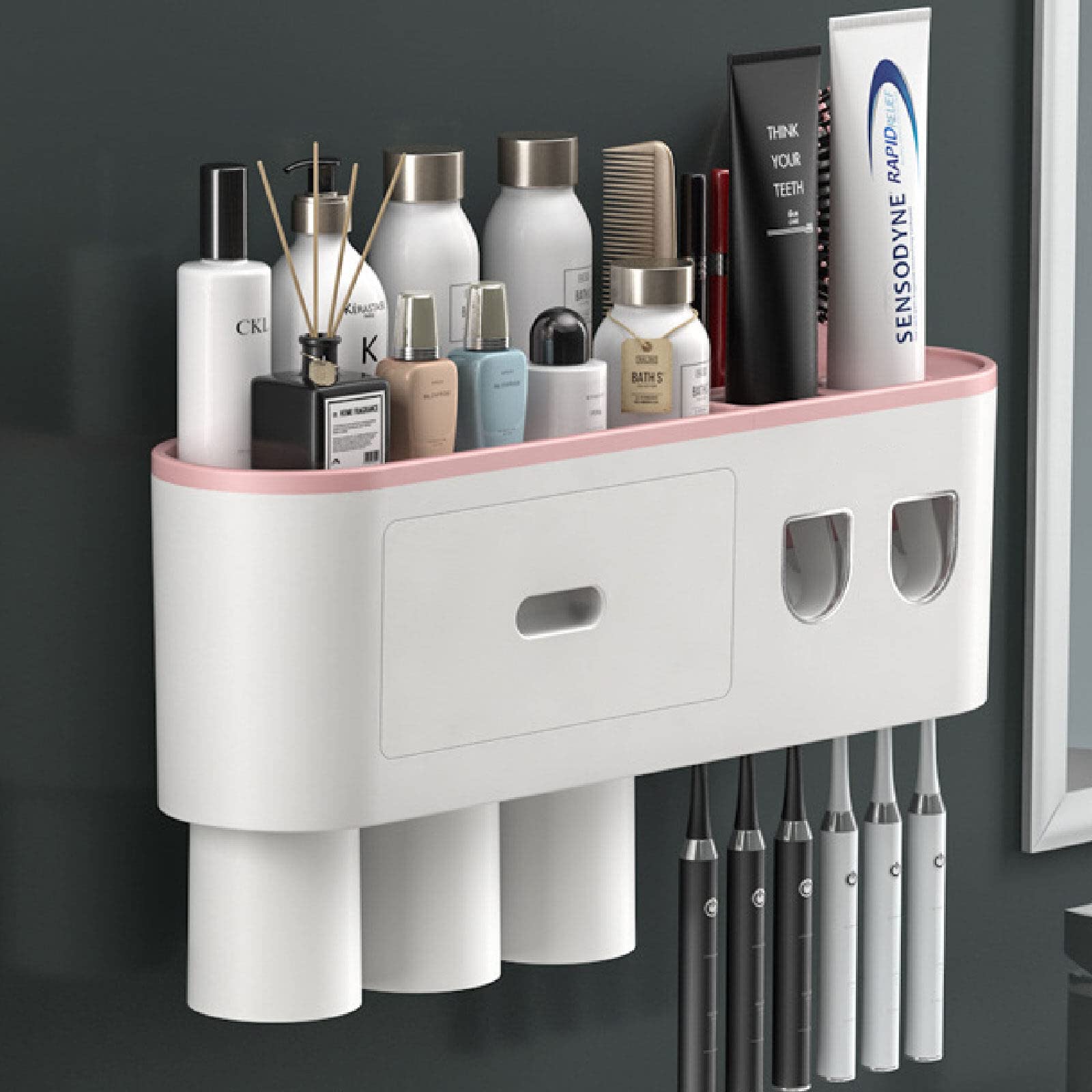 Dispensador automático de pasta de dientes y soporte para cepillo de dientes de pared con 3 tazas y cajón para organización de baño