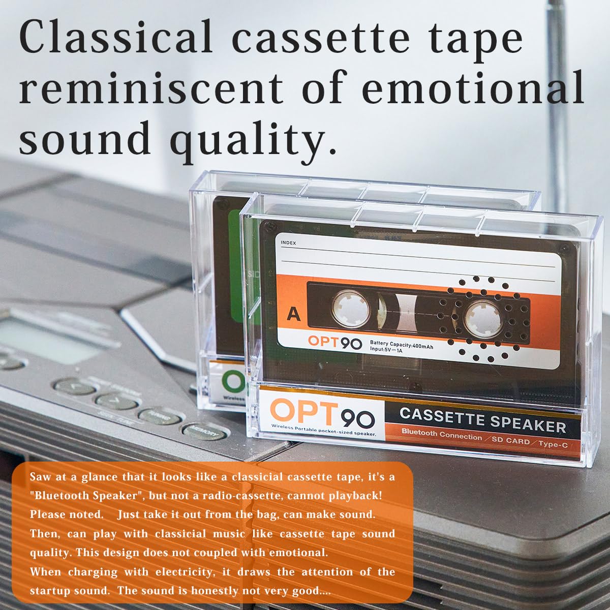 opt! Cassette Speaker, Portable Bluetooth Speakers, Wireless Speakers, Audio Cassette Tape, Support Type C and SD Card, Mixtape, 80s 90s, Japanese Company (Ivory) 3