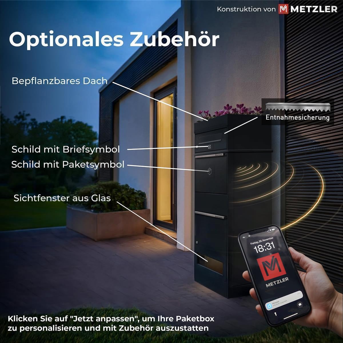 Metzler Paketbox mit 3 Briefkästen – 3er Briefkasten mit Paketfach & austauschbarem Namensschild – Paketbriefkasten draussen XXL – Standbreifkasten - Postbox in RAL7016 Anthrazitgrau - Bispo RE