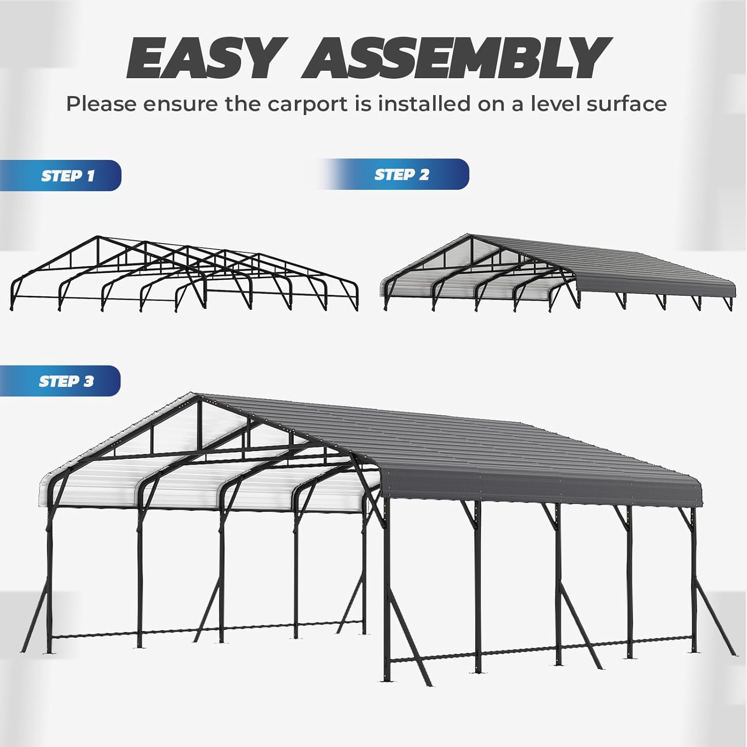 EROMMY 20x20 FT Heavy Duty Metal Carport with Reinforced Steel Braces & Galvanized Steel Roof and Frame, Sturdy Car Shed in All Weathers, Easy Assembly Car Shelter for 2 Cars, SUV, Tractors and Boat