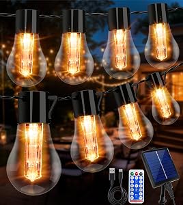 Solar String Lights Outdoor, 29.5FT 20 Shatterproof Edison LED Bulbs, Waterproof, USB Rechargeable, 8 Light Modes, Remote Control Hanging Patio Lights for Garden, Porch, Bistro, Deck, Market