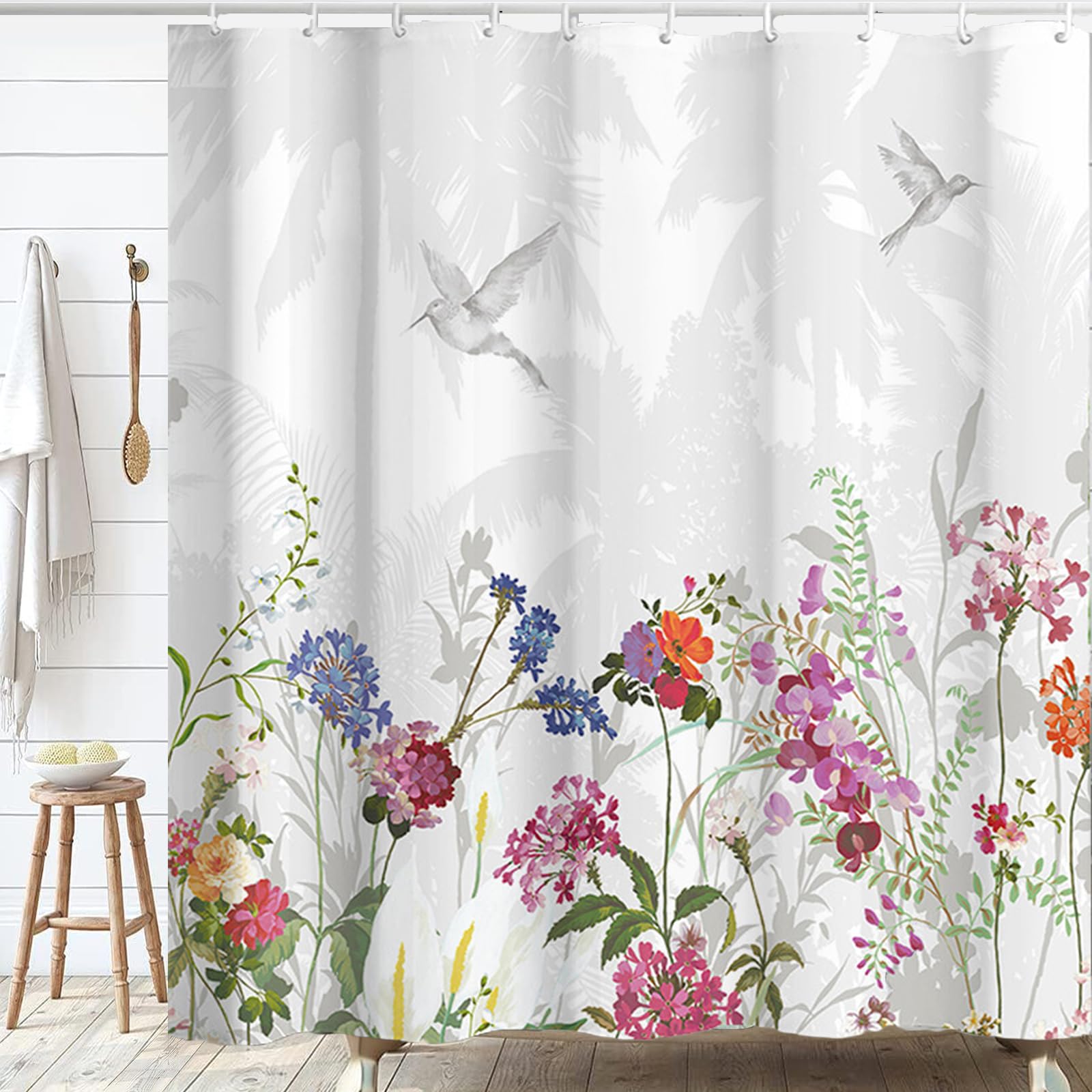 Jemsia Shower Curtain for Bathroom,Floral Bird Print Waterproof Anti Mould Bath Curtain with Weighted Hem,12 Hooks Floral Washable Polyester Shower Curtains for Bathroom Tubs Spa Wet Room - Image 3