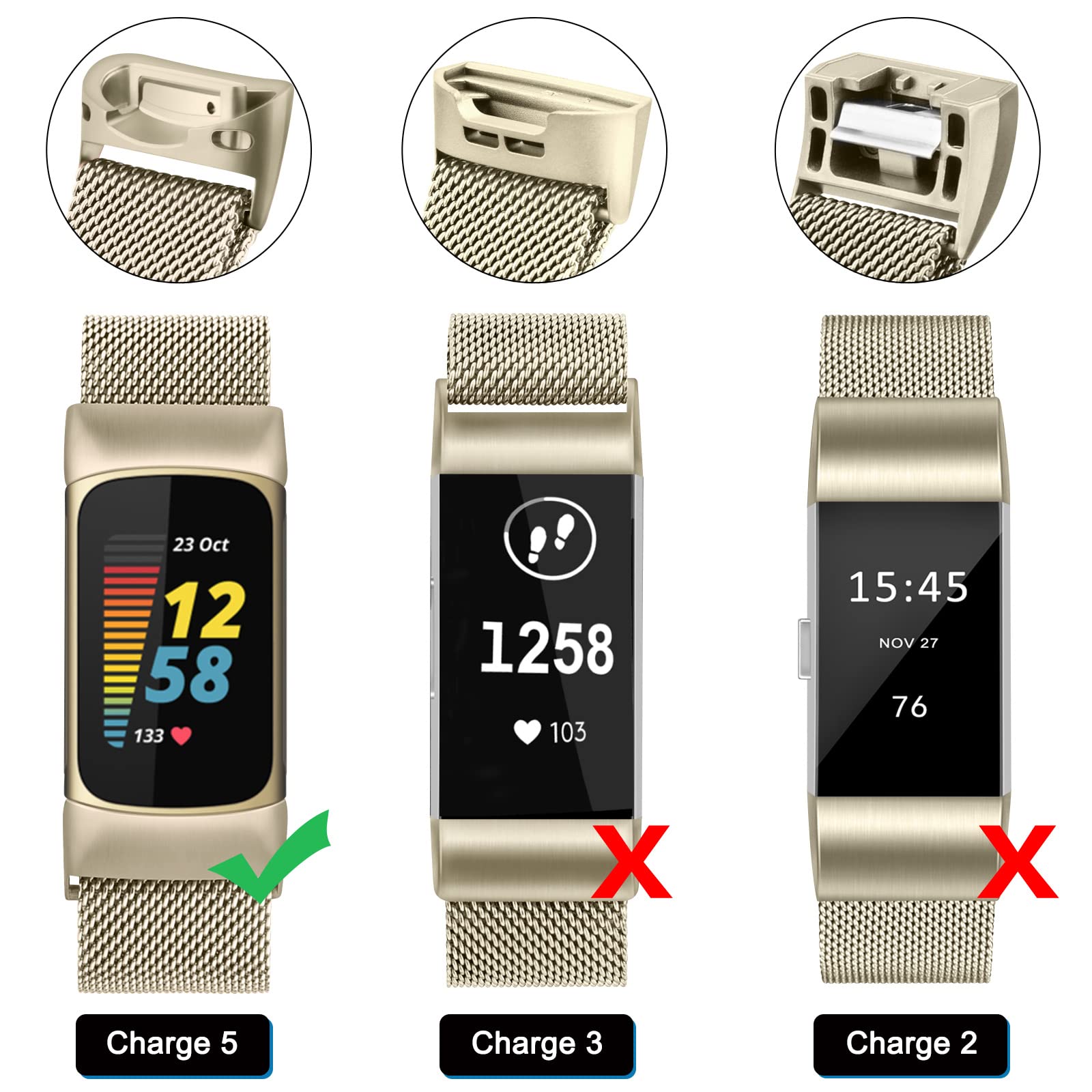 Stainless Steel Mesh Loop Band for Fitbit Charge 6/5, Magnetic Clasp for Women and Men (Champagne) - Image 4