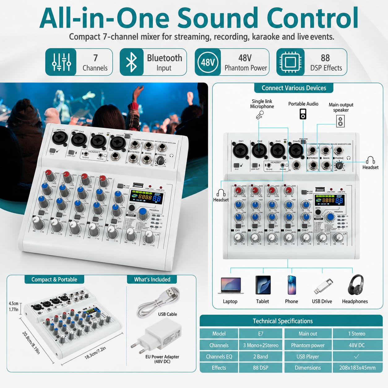 Mixer audio Bluetooth a 7 canali, mixer professionale con interfaccia audio USB, mixer con 88 tipi di DSP e 48 V CC, mixer per spettacoli palcoscenici, studi di registrazione, spettacoli DJ