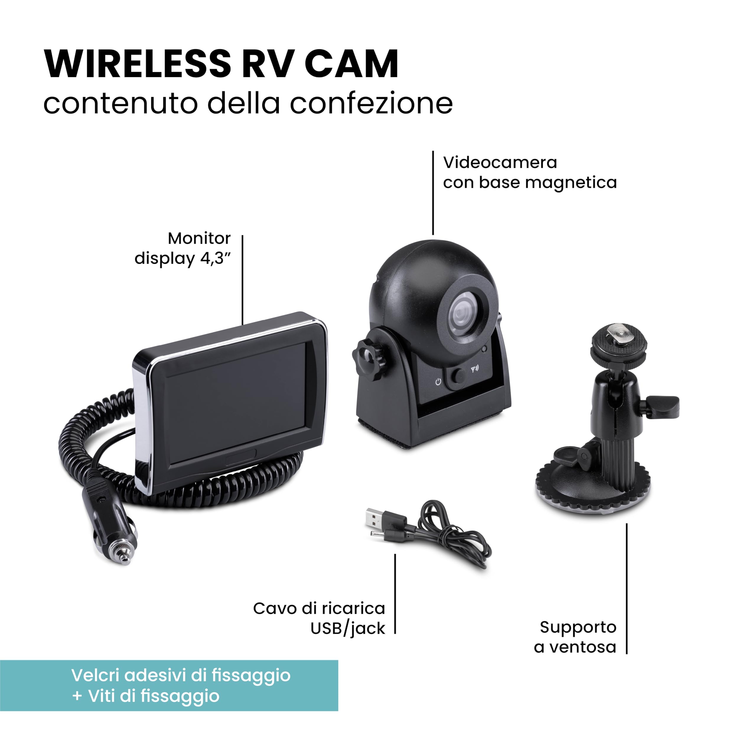 Midland - Wireless RV Cam Telecamera Retromarcia Auto, Camper, Roulotte e Altri Veicoli - Telecamera per Auto con Angolo di Visione 120°, LED IR, Facile Installazione Senza Forature, Monitor Incluso