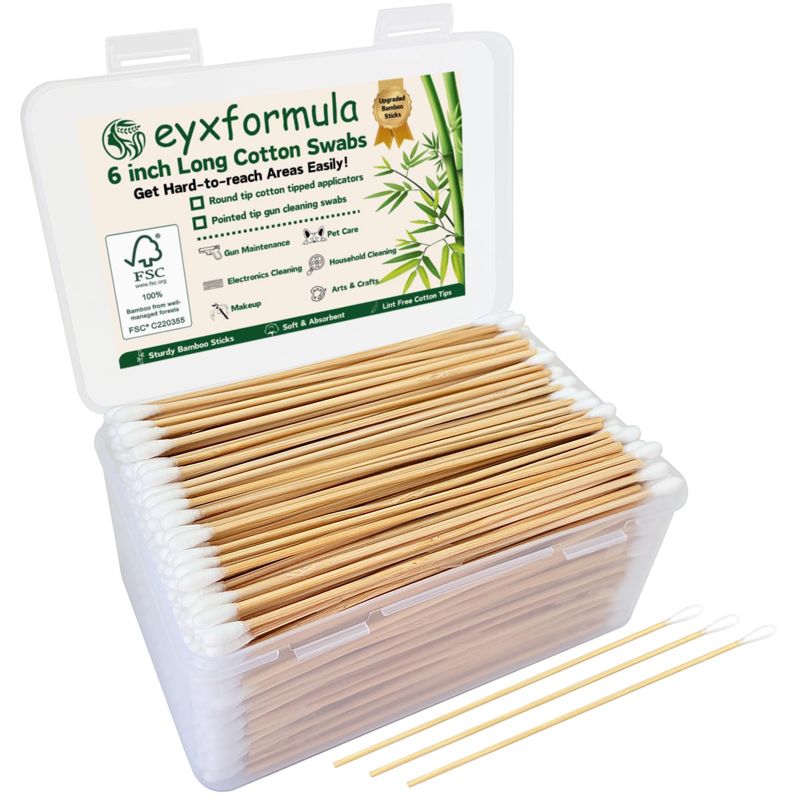 Eyxformula 600 PCS 6 Inch Cotton Swabs with Sturdy Bamboo Sticks – Extra Long, Lint-Free, High Absorbent, Non Sterile Cotton Tipped Applicators for Dog Ear Cleaning, Gun Cleaning, Makeup, Crafts