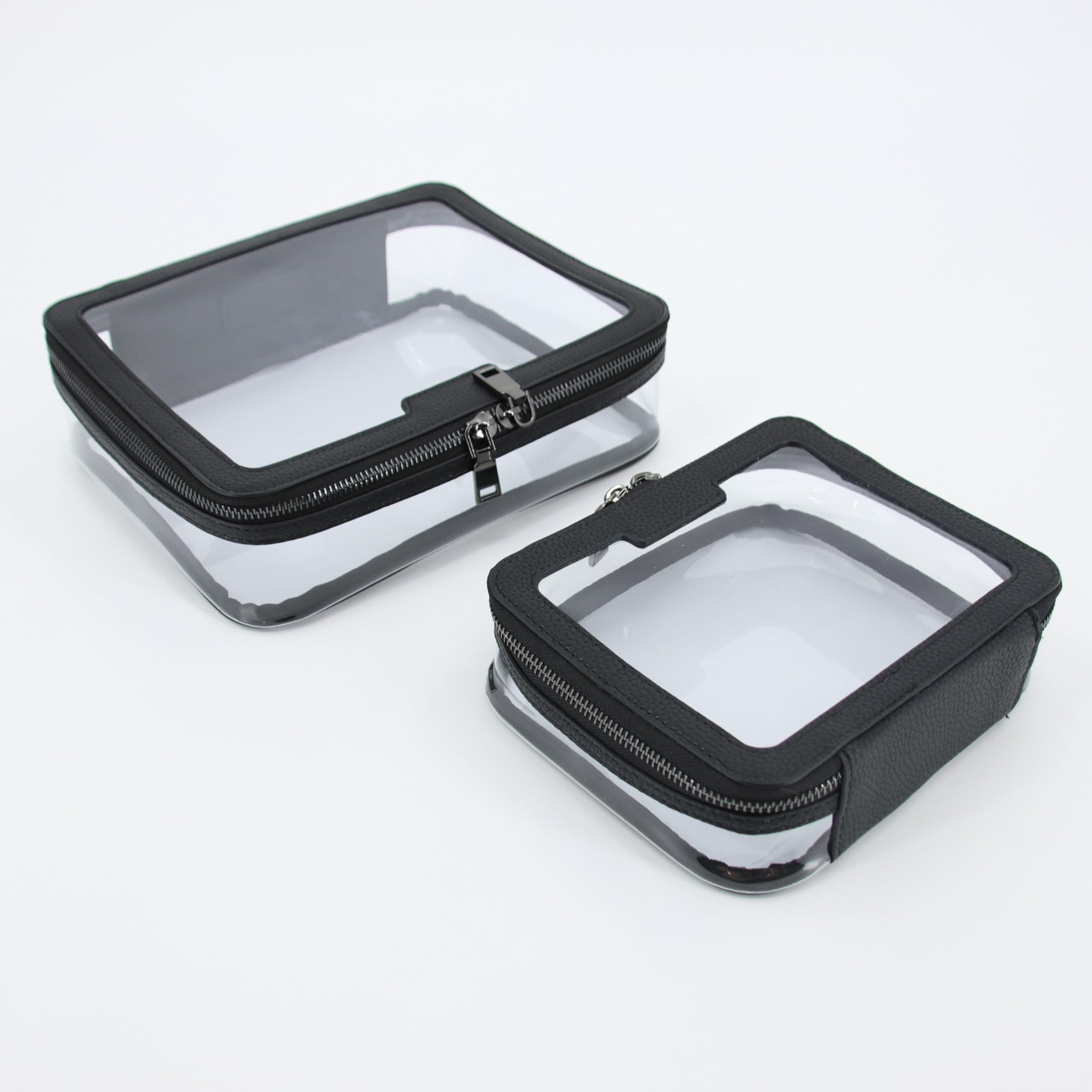 Duo, wasserdichtes Kulturbeutel, Reise-Set, transparenter PVC-Reißverschluss, Kosmetik-Organizer und Make-up-Tasche, 2 Stück, groß und klein, veganes Leder, schwarze Taschen für Damen und Herren