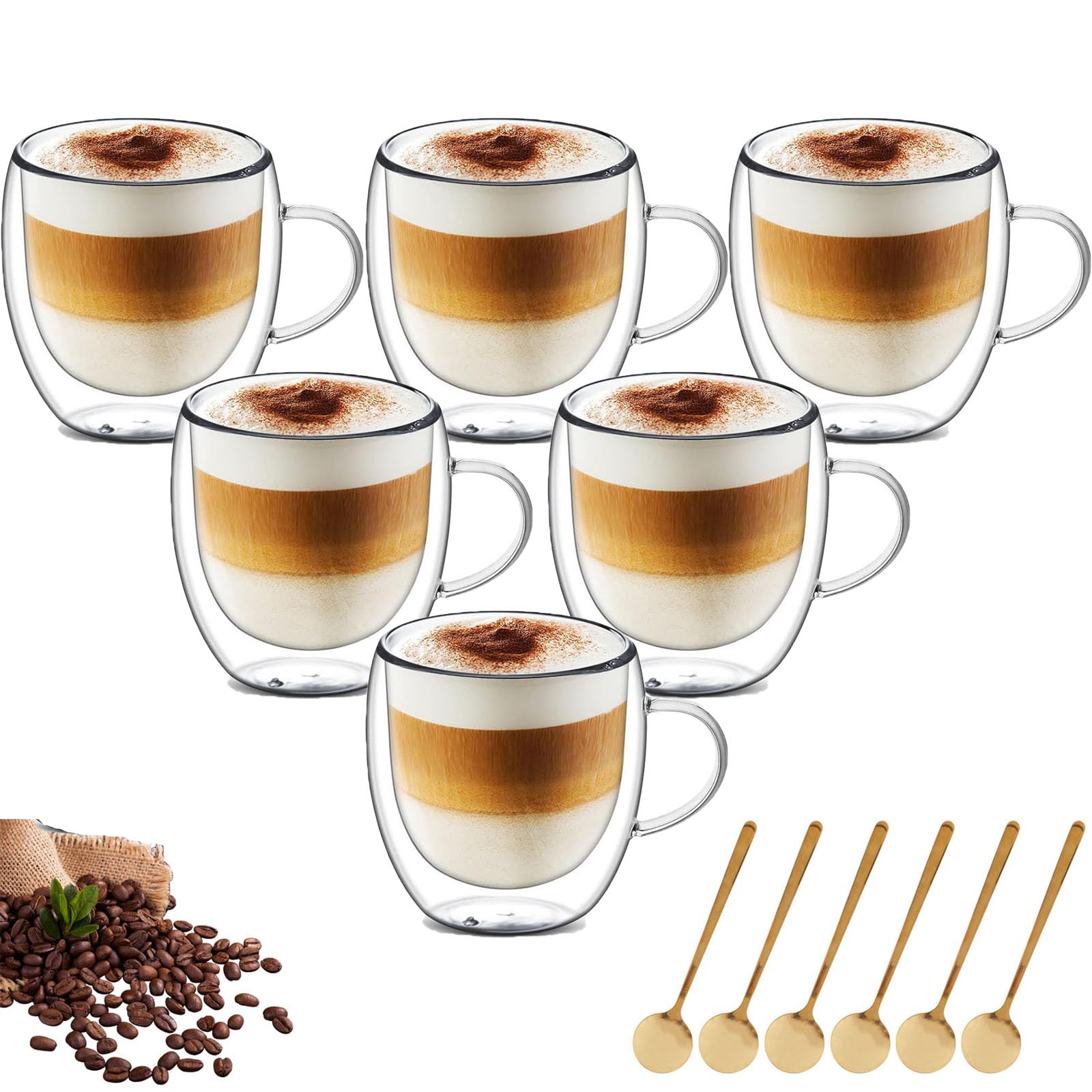 MUXHEL 6PCS 250ml Double Walled Glass Mugs for Hot Drinks with Handles & Spoon Glass Coffee Mugs Coffee Glasses Insulated Glass Coffee Cup Heat Resistant for Latte Tea Cappuccino Milk Juice
