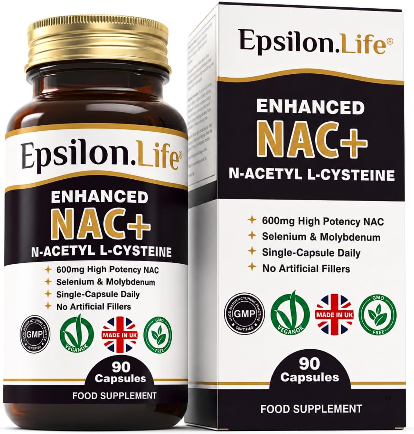 NAC Supplement 600mg with Selenium and Molybdenum, N-Acetyl-Cysteine, 90 Vegan Capsules, 3 Month Supply, One a Day, No Artificial Fillers, Made in UK, Epsilon Life NAC+