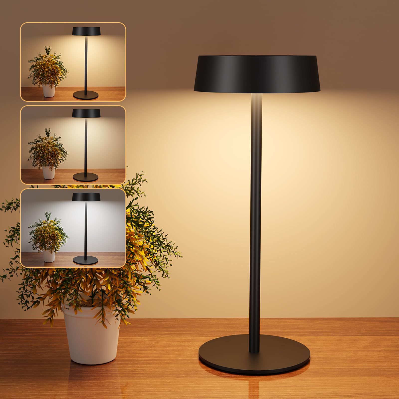 Suright Tischlampe Kabellos LED Dimmbar, Solarbetriebene und über USB-C Aufladbar Akku Tischleuchte mit 3 Farbmodi, Touch Lampe IP65 Wasserdicht für Innen und Aussen