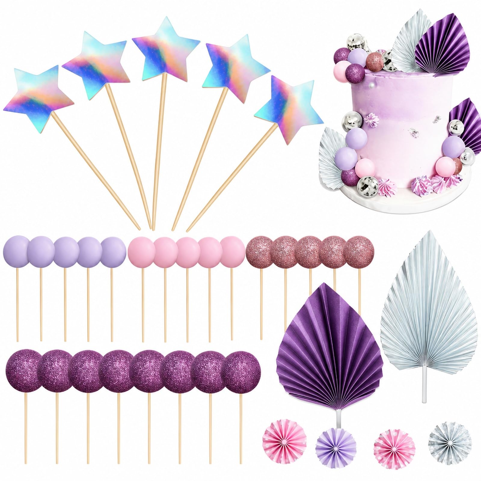 49-Pieces Purple Party Decorations, Paper Fans, Ball Picks and Stars