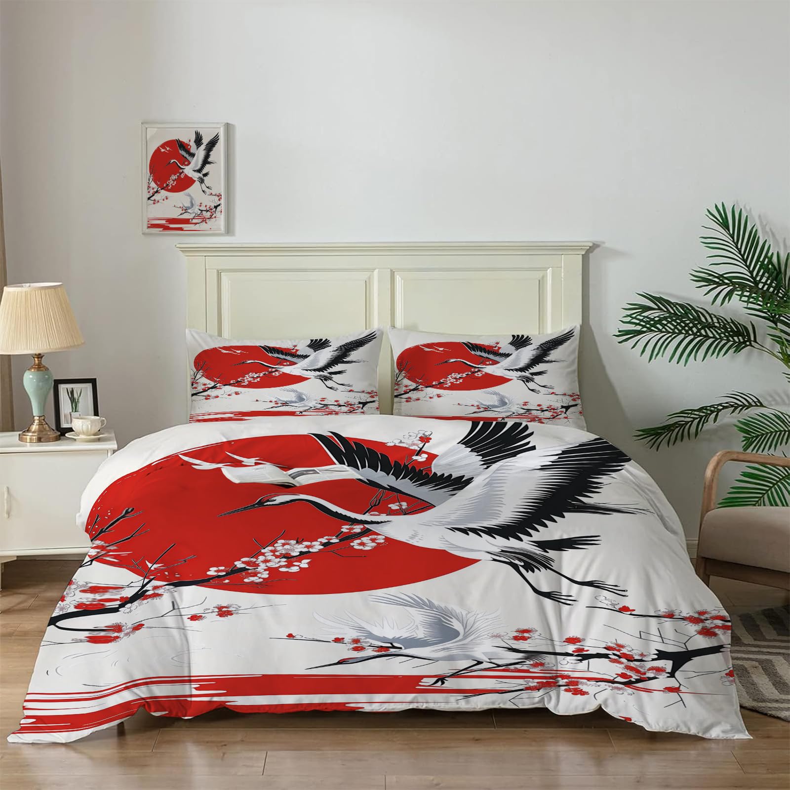 Parure de lit grues au coucher du soleil avec motifs asiatiques détaillés