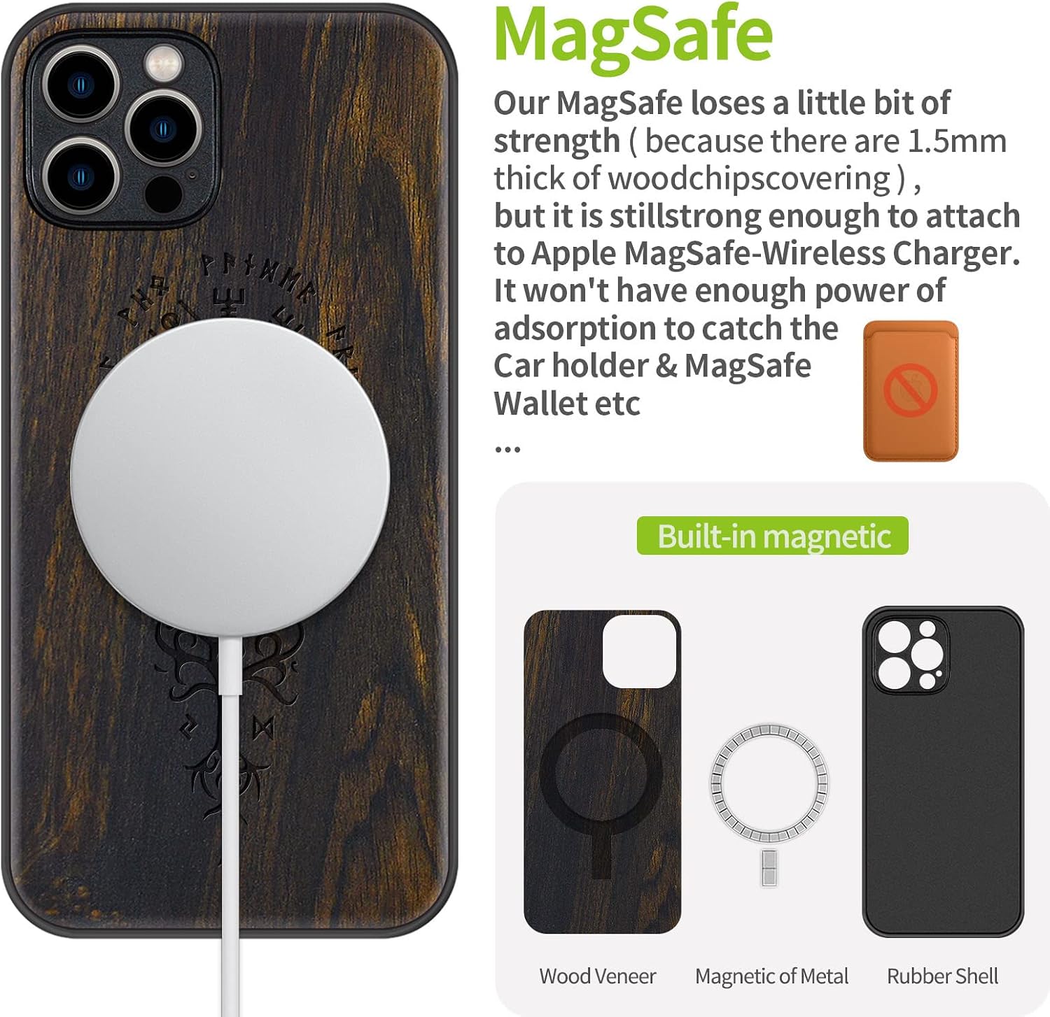 Carveit Magnetic Wood Case for iPhone 12 Pro Max [Hard Real Wood & Soft TPU] Shockproof Hybrid Protective Unique & Classy Wooden Cover Compatible with MagSafe (Viking Compass Vegvisir-Blackwood)