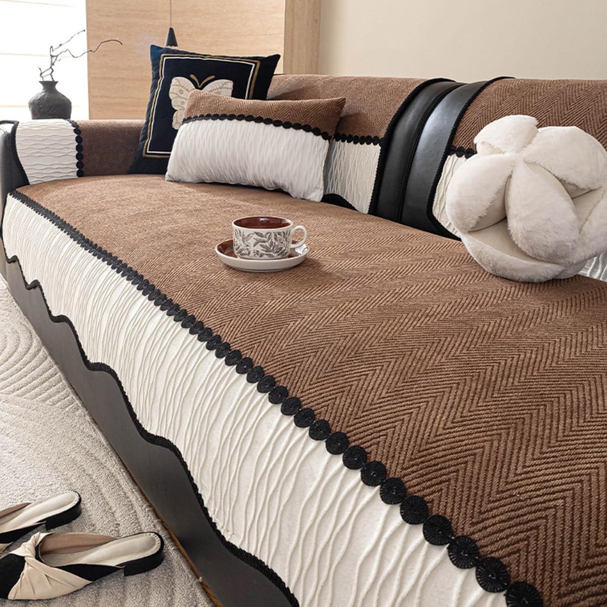 ZGWRYI Soft Chenille Sofa Couch Cover Striped Weave Textured, Sectional Couch Covers Washable Anti-Slip Sofa Slipcover for Dogs Pet,Suitable for all seasons(Brown,70x120cm)