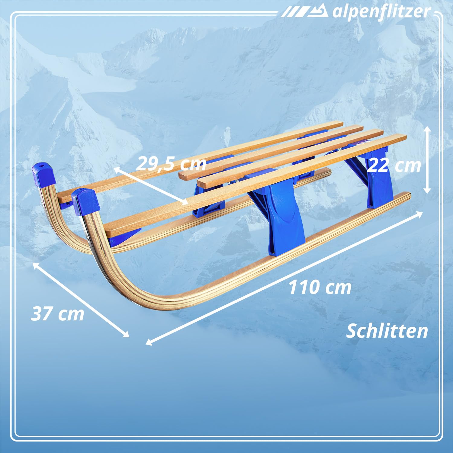 Trineo de Madera Alpenflitzer® con Respaldo 110 cm; Trineo Davos Plegable para niños; Trineo de Madera de Haya de Primera Calidad Trineo Plegable (Modelo 2023)