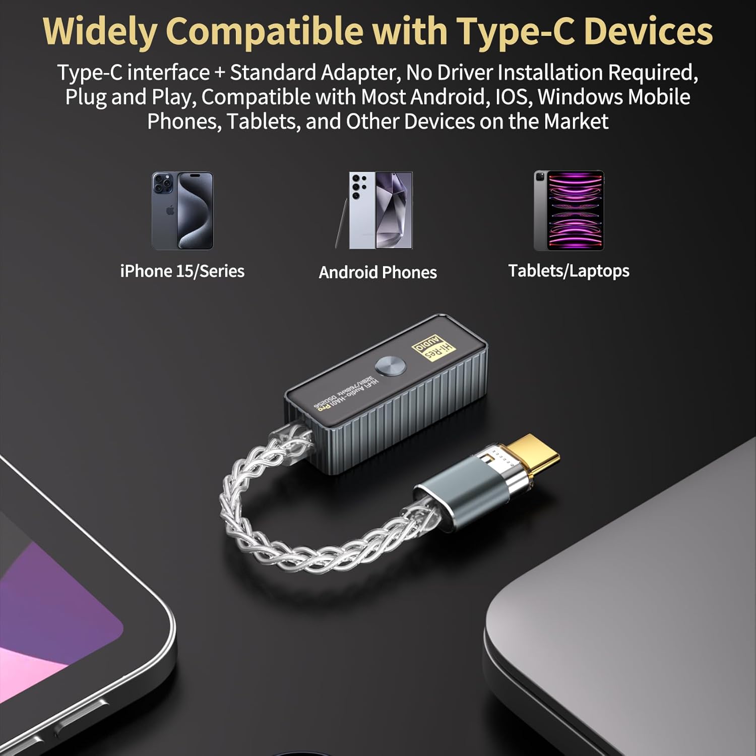 Daakro HA01 Pro connected to various devices including iPhone, Android phone, tablet, and laptop