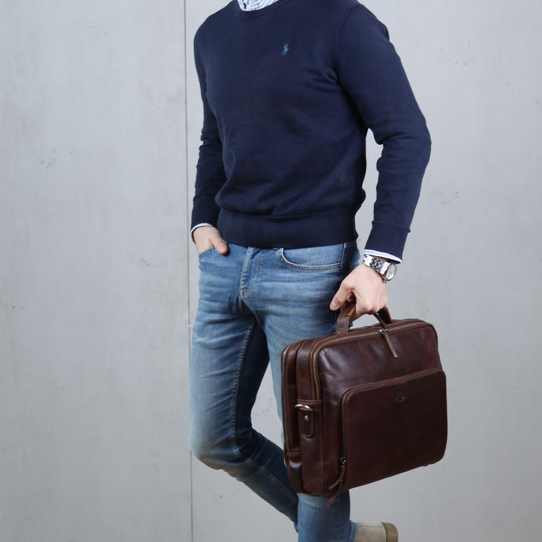 SID & VAIN Sac Ordinateur Portable Cuir véritable 15.4 Pouces Simon Mallette Professionnelle bandoulière XL Grand pour Hommes et Femmes Serviette de Travail Etudiante Marron