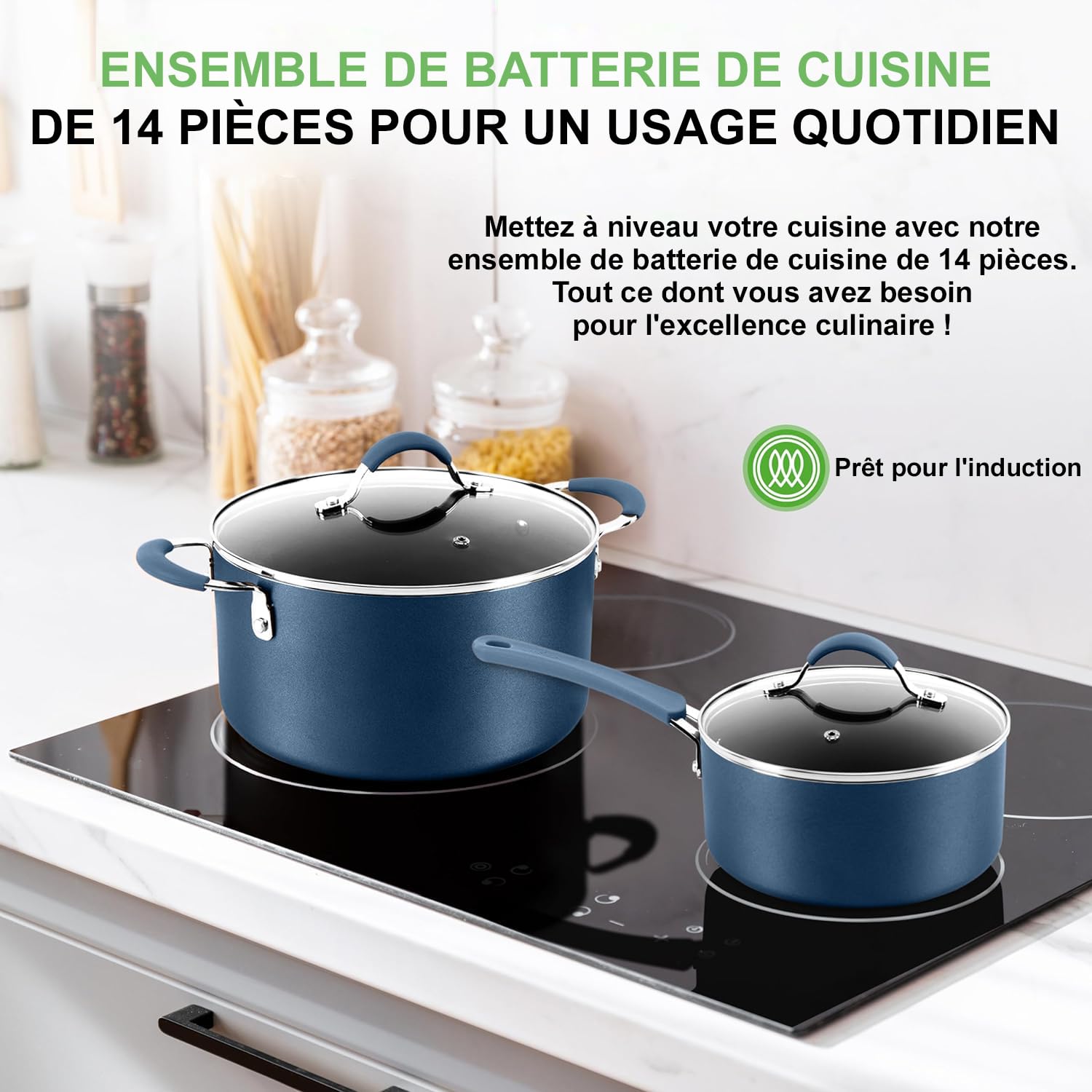 NutriChef Batterie de Cuisine 14 Pièces Antiadhésive Induction Bleu – Casseroles Poêles Cocotte avec Couvercles et Ustensiles Cuisine Compatible Tous Feux Four