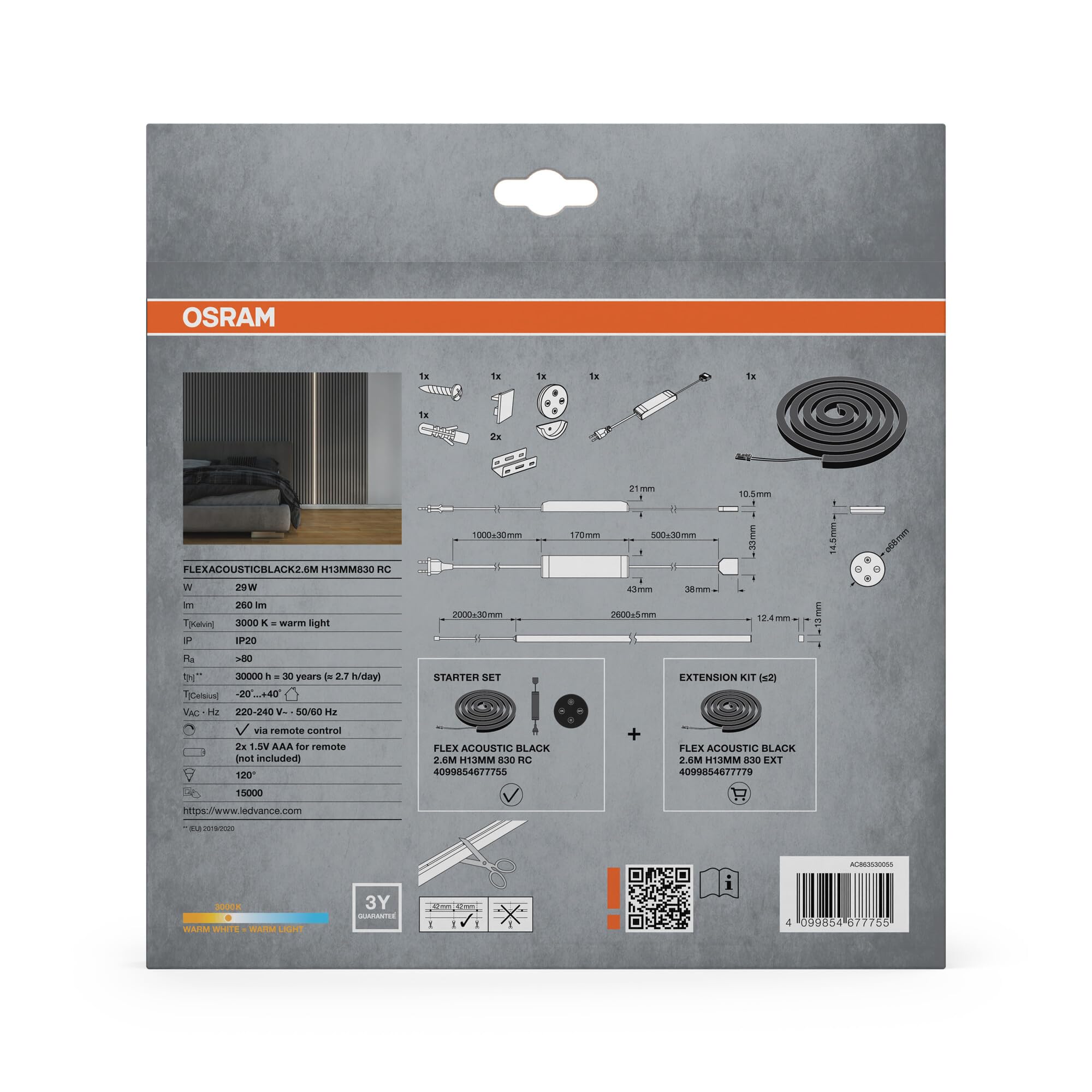 OSRAM Tiras LED acústicas negras Flex, 2.6m, 29W, 260lm, 3000K blanco cálido, H13mm, Set de Inicio con control remoto