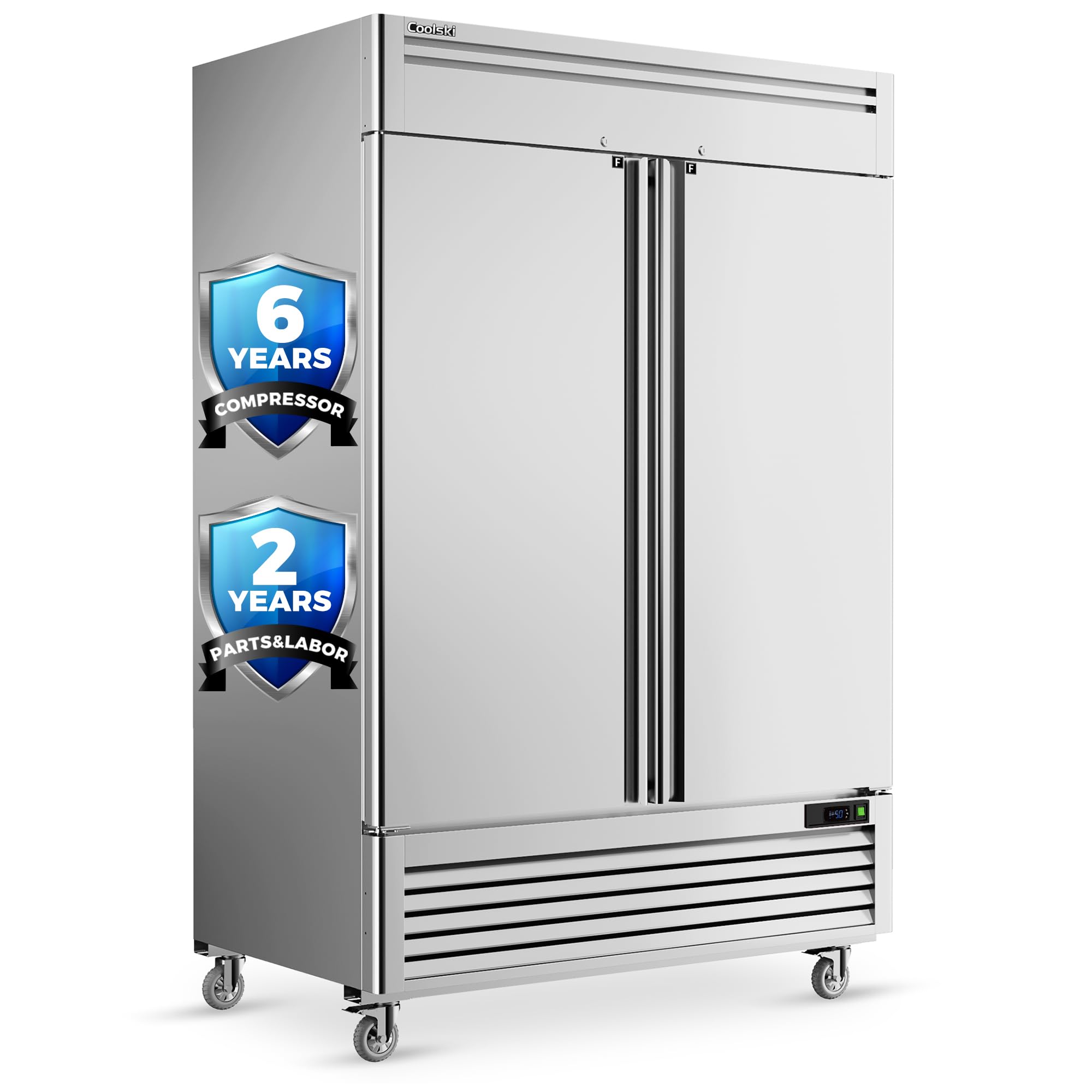 Coolski 54"W Commercial Freezer, -13℉ ~-5℉, 49 Cu.Ft 2 Door Reach-In Stainless Steel Upright Freezer for Restaurant, Cafe, Shop, Business, 8 Adjustable Shelves on Fridge.com