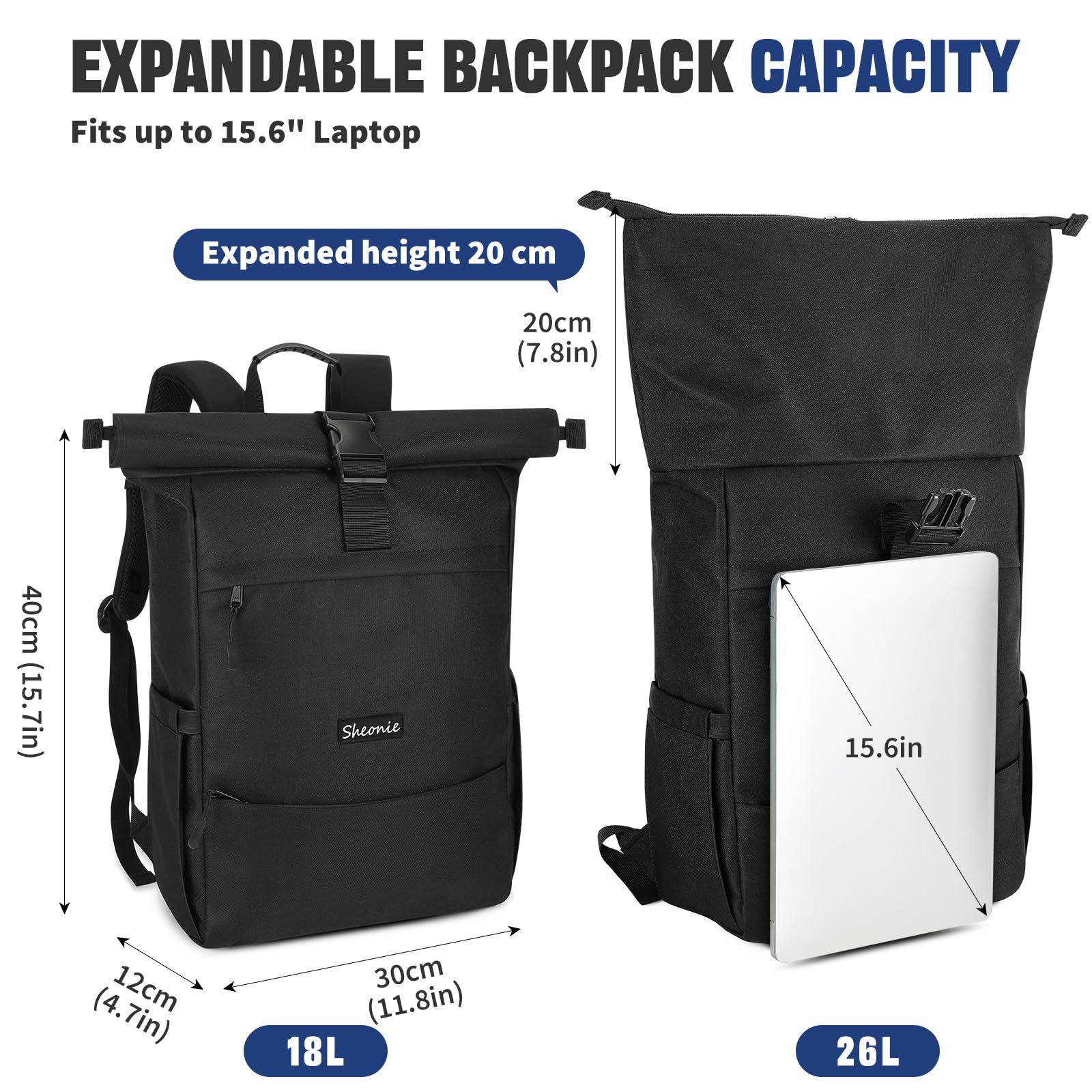 Sac à Dos Roll-Top Étanche Homme & Femmes, Sac Imperméable pour Ordinateur Portable 15,6 Pouces, Backpack Extensible pour Travail Loisirs Voyage École
