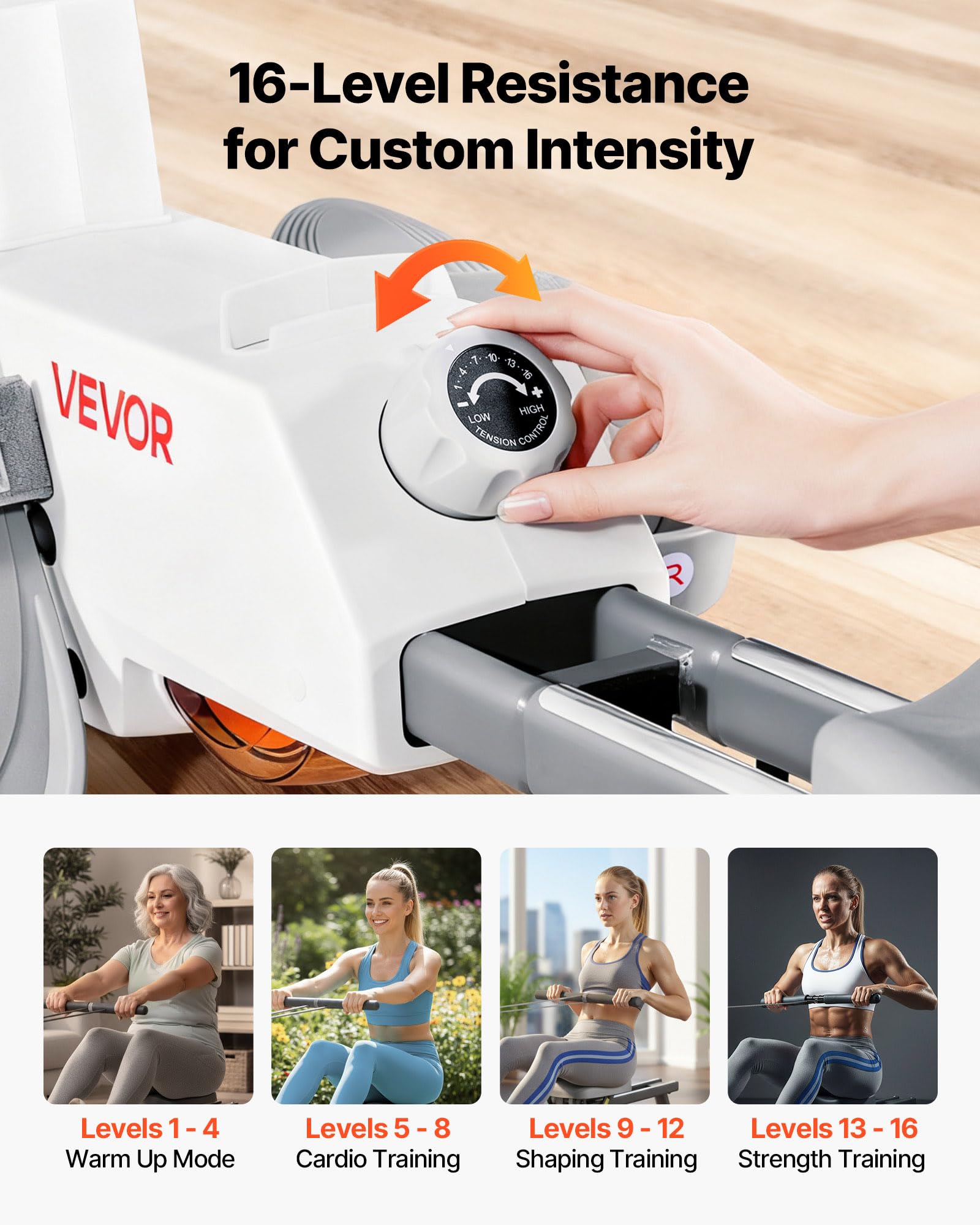 VEVOR Rameur Magnétique, Ergomètre avec Résistance Réglable à 16 Niveaux, Pliable, Capacité de Charge de 158 kg, avec Double Rail Coulissant, Compatible avec Application Bluetooth et Écran LCD