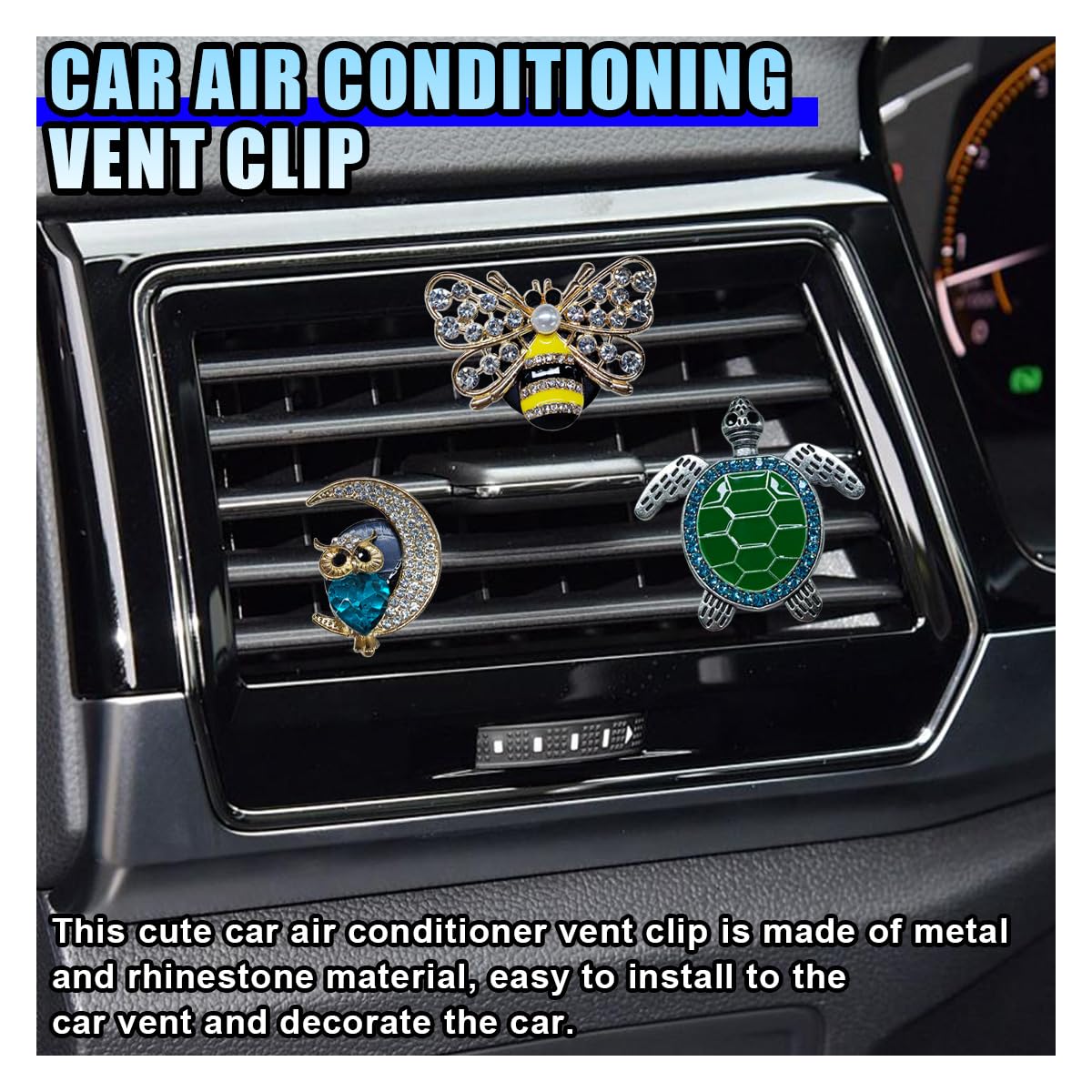 3 clips de ventilación de coche con diseño de abeja brillante, difusor de cristal para coche, clip de salida de aire acondicionado, tortuga con diamantes de imitación, decoración interior del coche