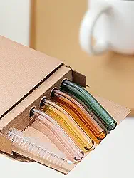 Conjunto de 4 canudos de vidro com escova de limpeza | Reutilizável, resistente ao calor e pode ser lavado na lava-louças | para vitaminas, coquetéis, sucos