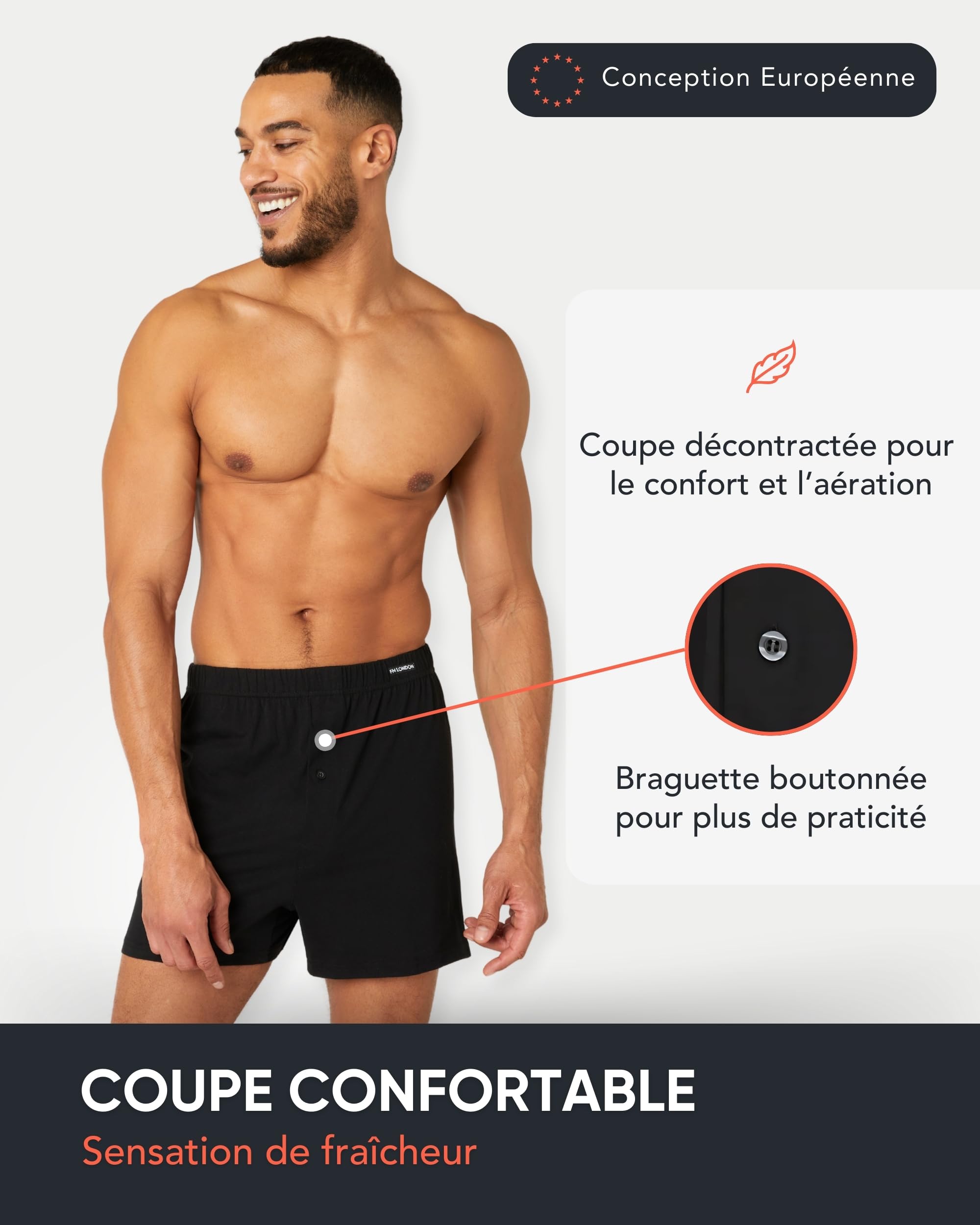 FM London Lot de 5 Boxers pour Homme Coupe Ample, Caleçon Parachute pour Homme en Coton, Sous-Vêtements 100% Coton Ultra Doux Couleurs Unies avec Braguette Boutonnée et Ceinture Extensible Confortable