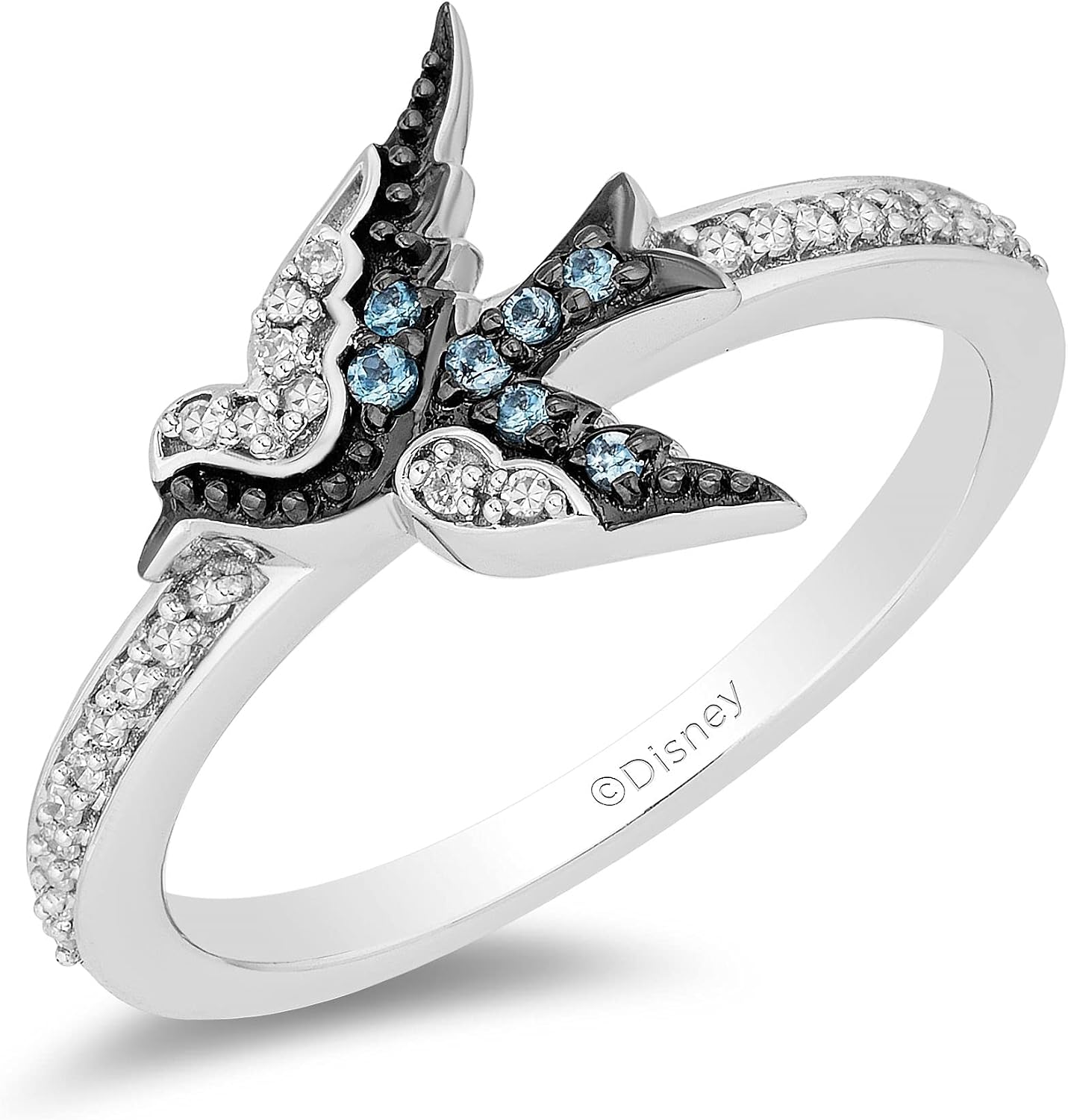 Jewelili Enchanted Disney Fine Jewelry Sterling Silver with 1/10 Cttw Diamonds and London Blue Topaz Cinderella Blue Bird Ring.