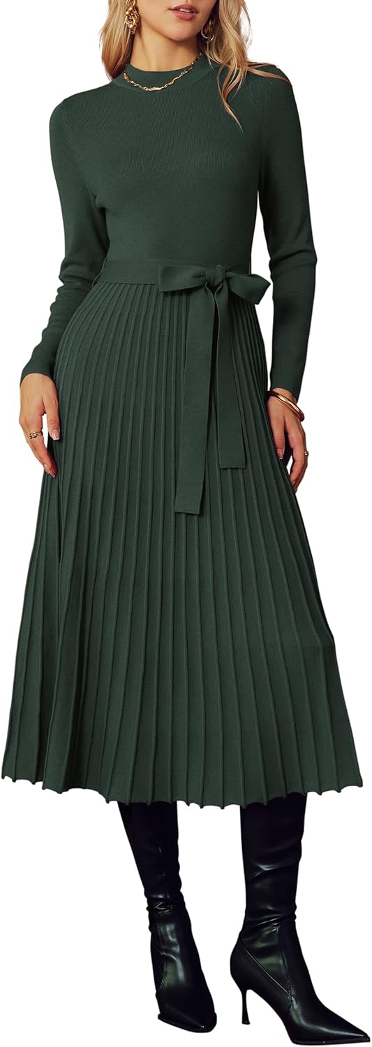 Arach&Cloz Women's Wool Blend Mock Neck Tie Waist Fall Winter Pleated Sweater Dress 2026