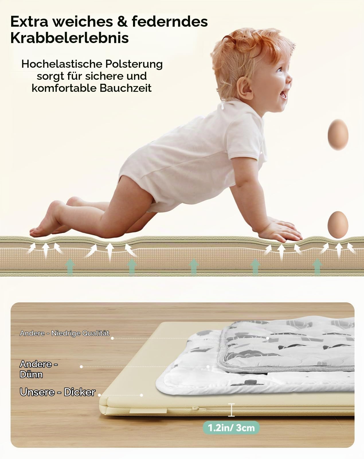 COMOMY Veganes Leder Krabbelmatte Baby, 127x127x3 cm Krabbeldecke für Baby, Extra Dicke und Weiche Schaum Spielmatte Baby Kinder, Wasserdicht & Rutschfeste Baby Play Mat für Laufstall (Elfenbein)