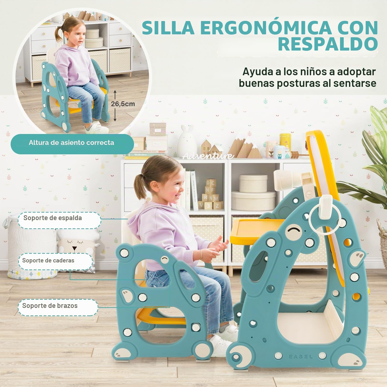 GOPLUS Juego de Mesa y Silla Infantil 4 en 1, Caballete Infantil con Pizarra Blanca Ajustable de 3 Niveles, Telescopio, Anillos, Marcadores, Mueble Multiusos para Niños de 1-8 Años