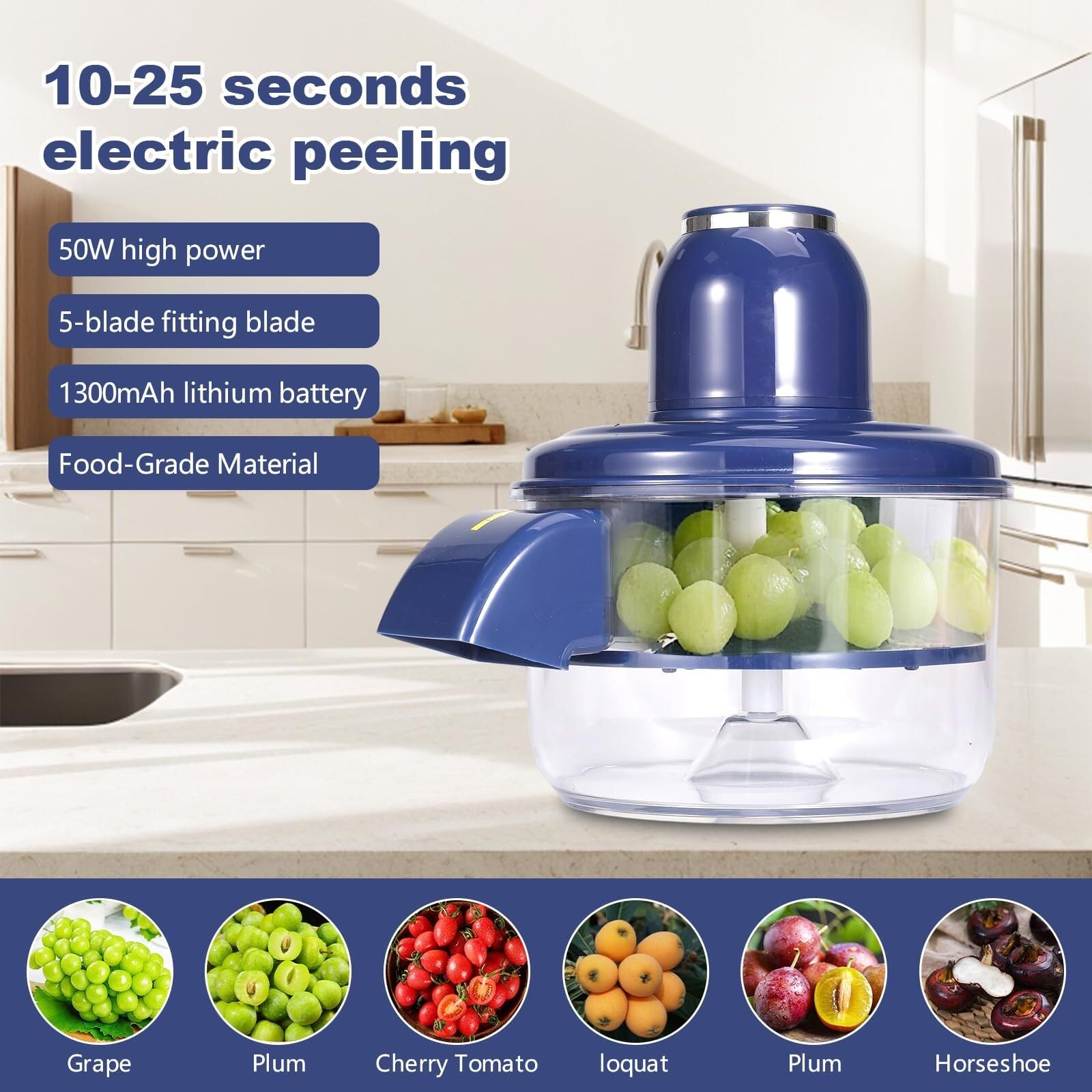 Peladora AutomáTica Uvas, Pelador EléCtrico Uvas, MáQuina Peladora 50 W Apta TambiéN Para Ajo con Cuchillas Acero Inoxidable, Pelado RáPido, DiseñO Desmontable para Uso DoméStico(WHITE)