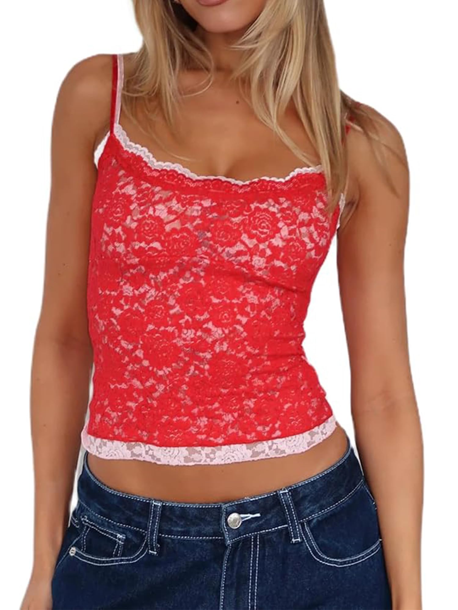 YOUDTIAN Womens Y2k Lace Cami Tops Sleeveless Spaghetti Strap Mesh Floral See Through Crop Camisoles Going Out Tops Streetwear (C-Red, S)