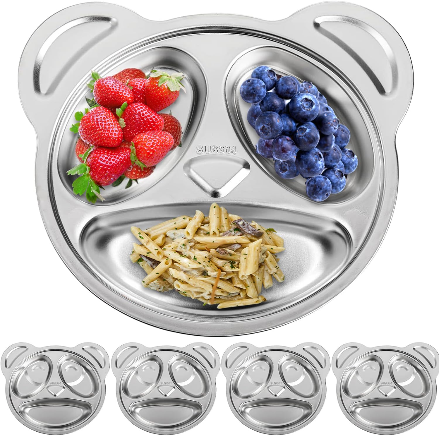 5 Pack Stainless Steel Divided Plates with Compartments for Snack Food Portion Control, Diet Food, Picky Eaters, Lunch, Camping