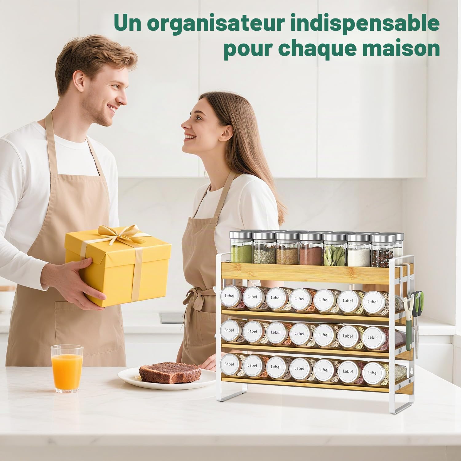 EsLuker.ly Étagère à épices pour comptoir de cuisine, étagère à épices en bambou à 4 niveaux avec 4 crochets, support mural autonome pour garde-manger, bambou + blanc (bocaux non inclus)