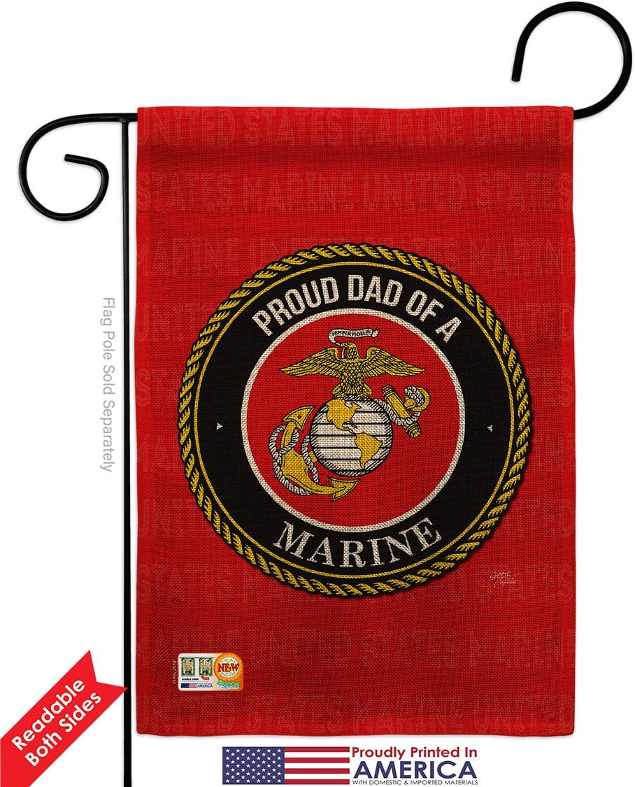 Marine Corps Proud Dad Marines Burlap Garden Flag Armed Forces USMC Semper Fi United State American Military Veteran Retire Official Small Gift Yard House Banner Double-Sided Made In USA 13 X 18.5
