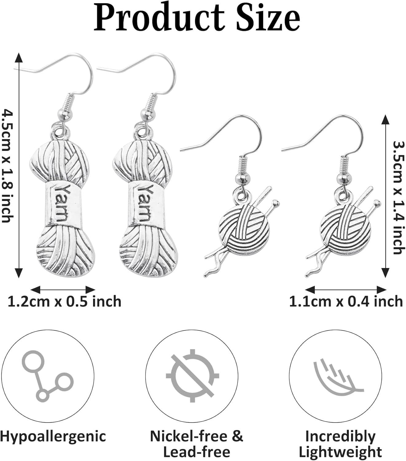Crochet Earrings - 2 Pairs Silvery Hypoallergenic Yarn Ball Yarn Earrings for Women, Unique Knitting Needles Crochet Theme Jewelry Gifts for Knitters Sewing & Craft Lovers - Image 2