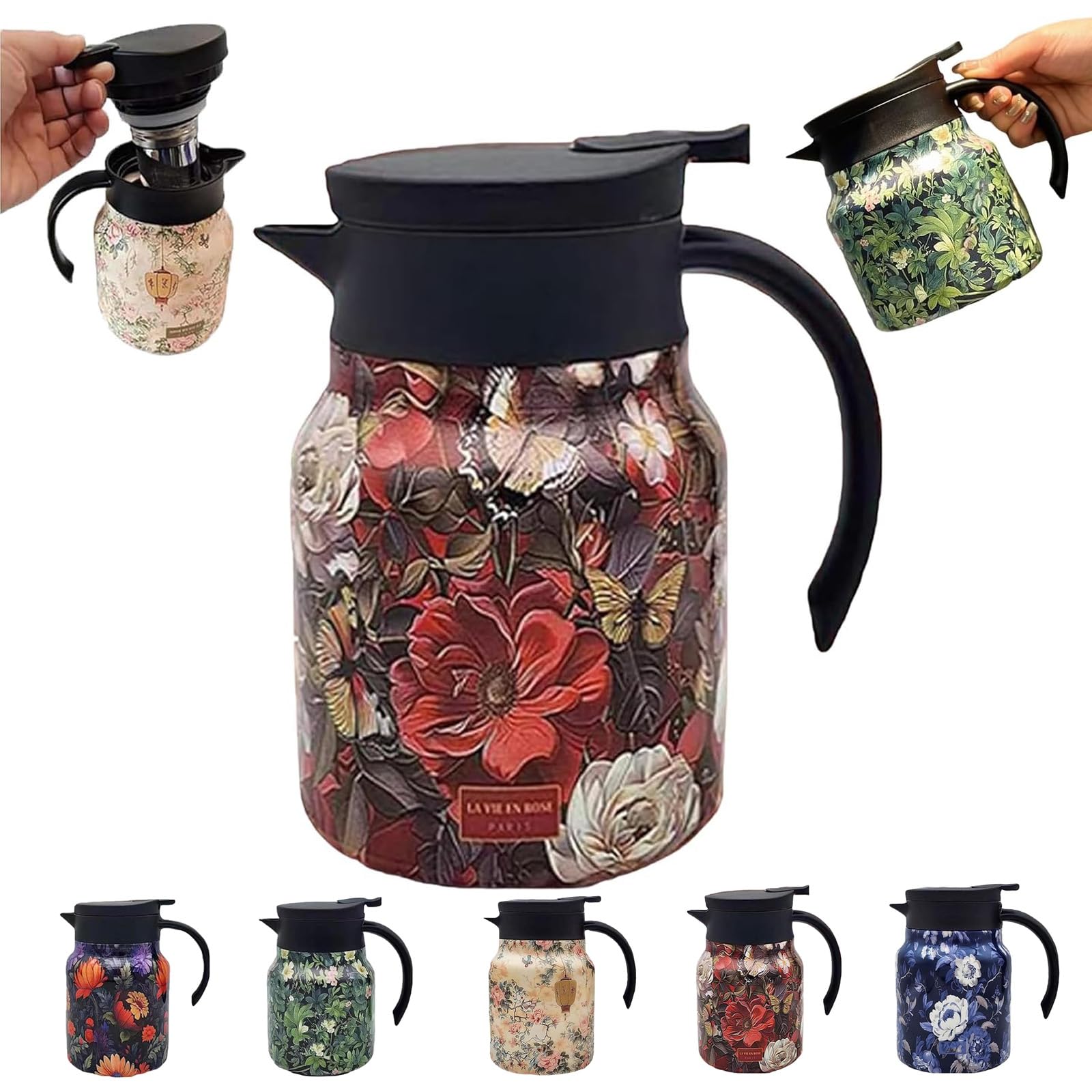 Insulated Tea Pot With Infuser, Vintage Floral Pattern Teathermos – Built-In Infuser, Stainless Steel Thermal Teapot 1000ml (#A)
