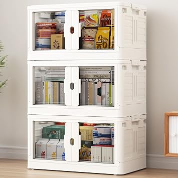 BROVIEW 345Qt Stackable Storage Bins with Individual Lids & Wheels, Large Plastic Collapsible Latching Boxes Closet Organizers and Storage Cabinet Shelves Units for Home Kitchen Dorm, 3-Pack White