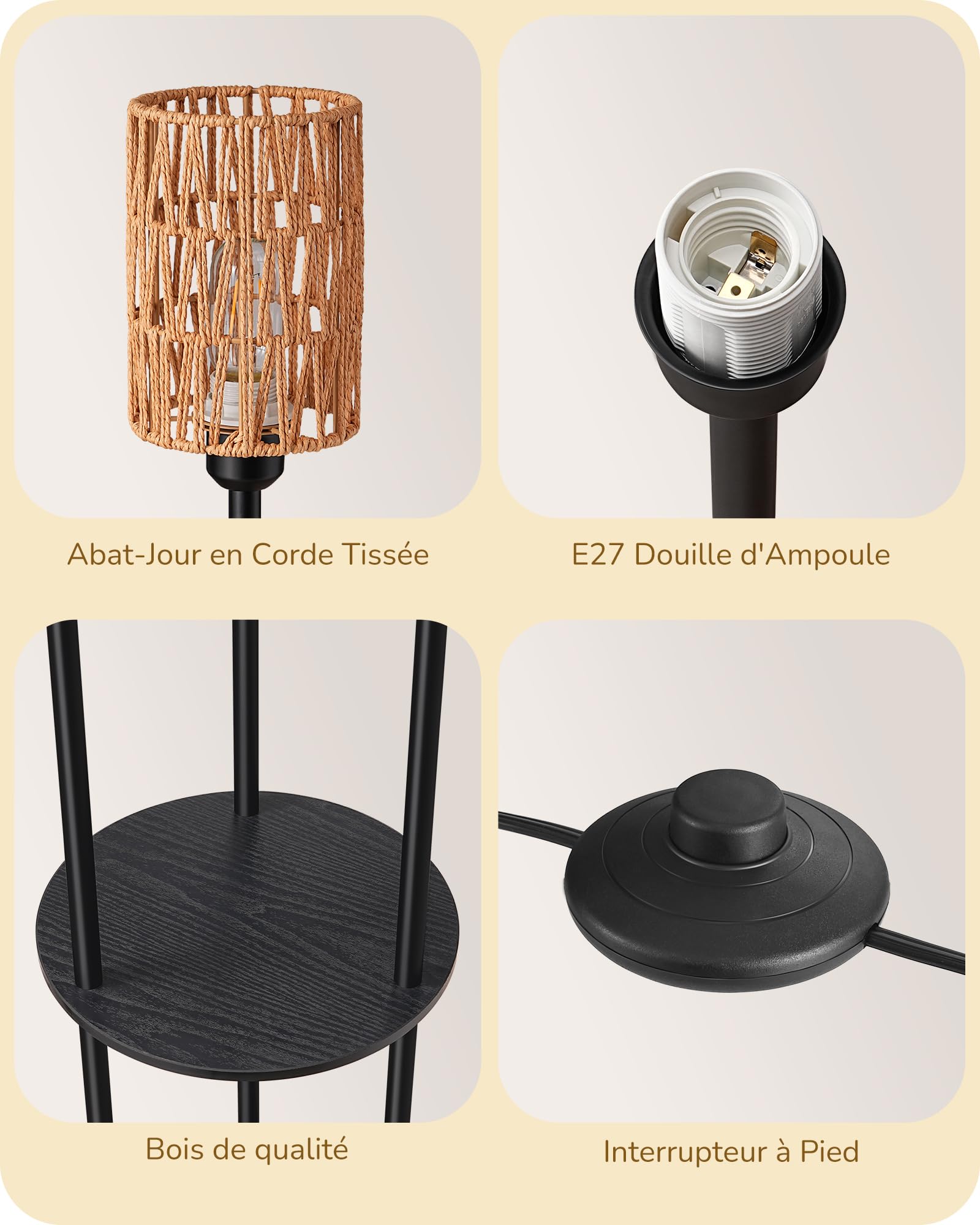 EDISHINE Lampadaire sur Pied Bohème Vintage avec Étagère de Rangement, 3 Abat-Jours en Rotin Naturel, 3xE27 Ampoules LED Incluses, Interrupteur au Pied, Lampe Salon, Chambre ou Bureau, 178 cm