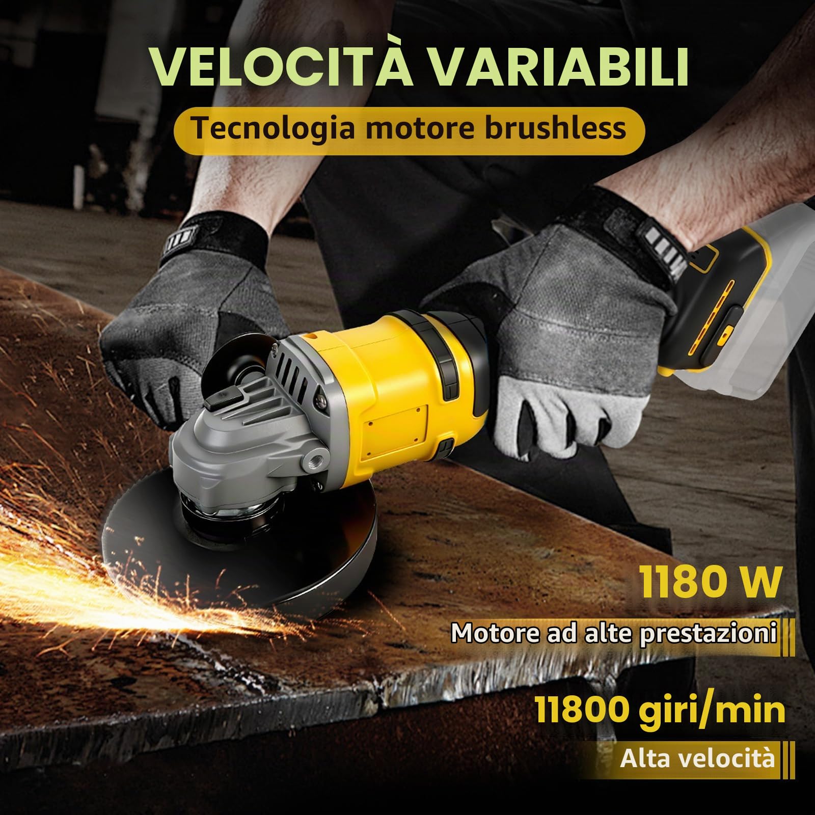 Smerigliatrice angolare compatibile con Dewalt batteria 18V, Ø125mm, Motore Senza Spazzole, 3 Velocità, Protezione Rapida, Manico Anti-Vibrazione, Incl. Dischi(senza batteria) (DW Giallo)