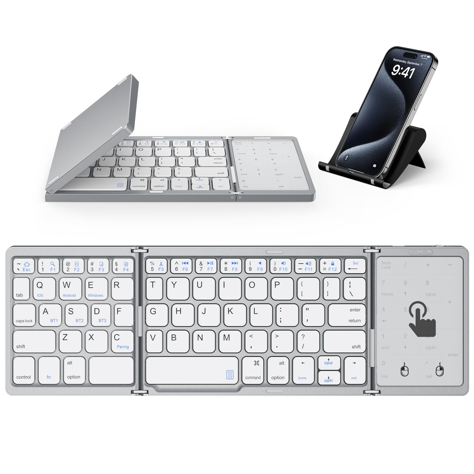 Trueque Foldable Keyboard, Portable Multi-Device Wireless Bluetooth Keyboard with Touchpad & Number Pad, Rechargeable Travel Folding Keyboard with Stand Holder for Tablet Phone Laptop (Silver)