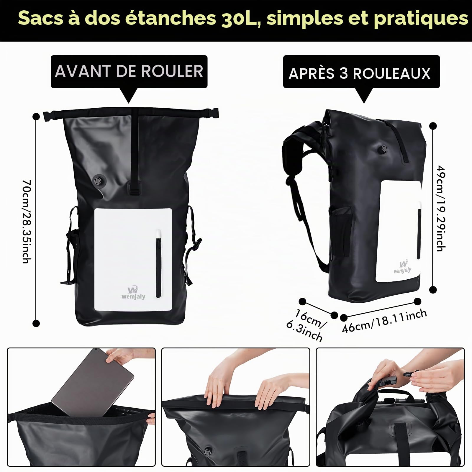 Sac à Dos Étanche 30L- Sac étanche avec Compartiment pour tablette & Étui étanche pour téléphone IPX8, pour Camping, Kayak, Pêche, Rafting, Canoë, et Natation