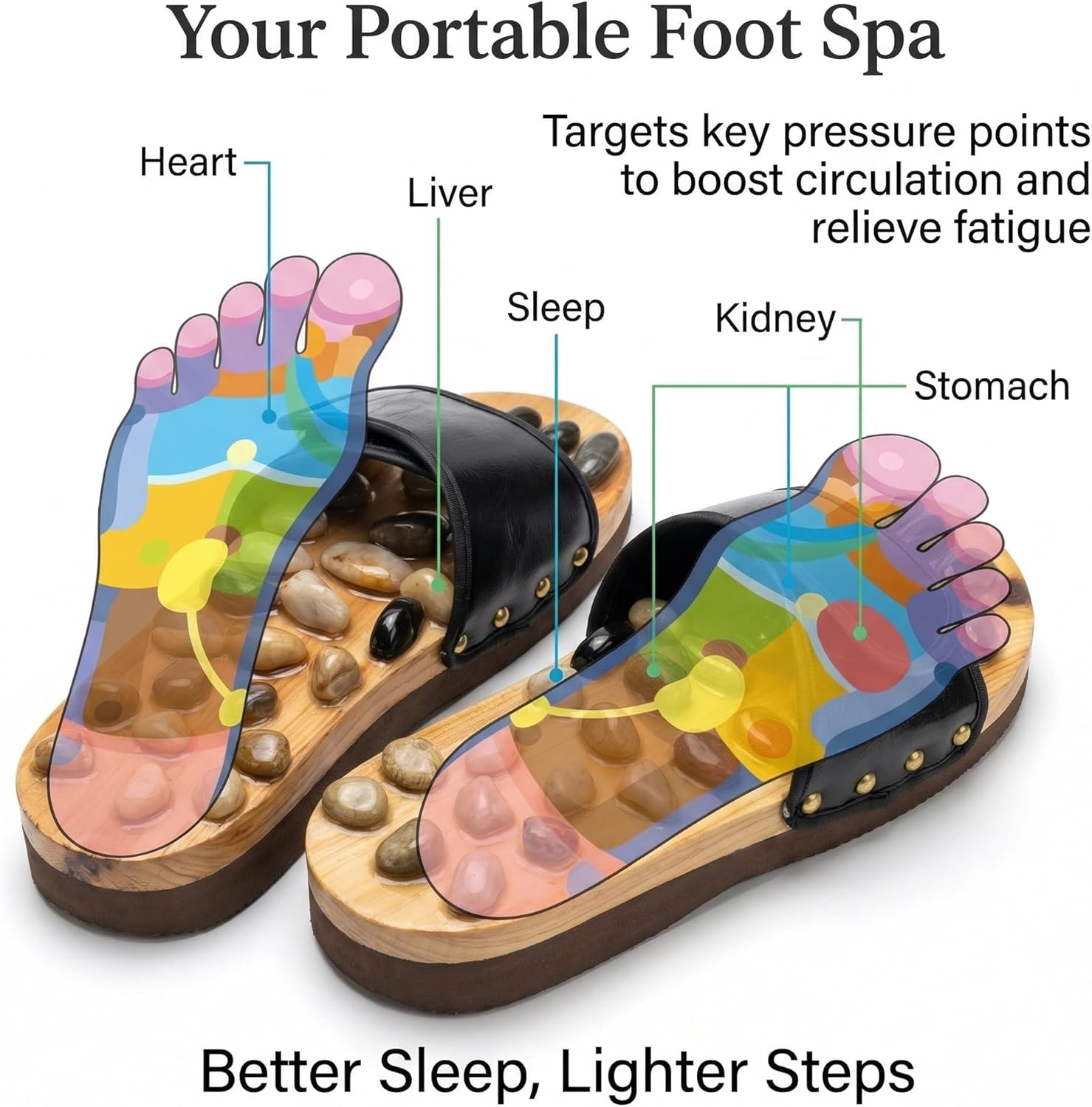 Acupressure Slippers Foot Massage Sandals, Natural Stone Reflexology Acupuncture Shoes for Soreness Relief, Adjustable Cedar Wood Base Massager, Anti-Slip EVA Sole Health Gift for Parents