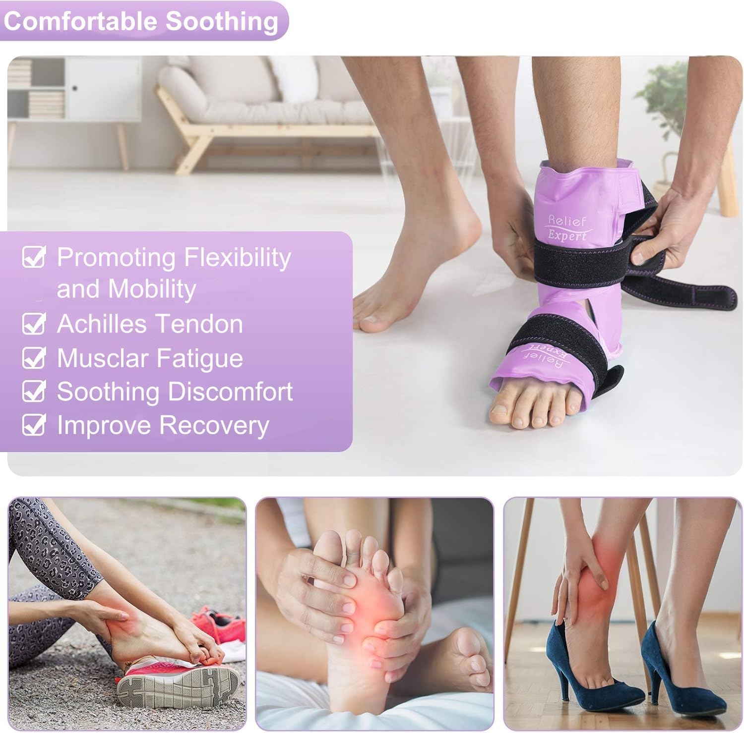 Relief Expert Ankle Ice Pack Wrap – Reusable Cold Gel Pack for Foot and Heel, Dual-Sided Design with Soft Plush Lining, Flexible Cold Compress for Achilles and Ankle Support, Pink