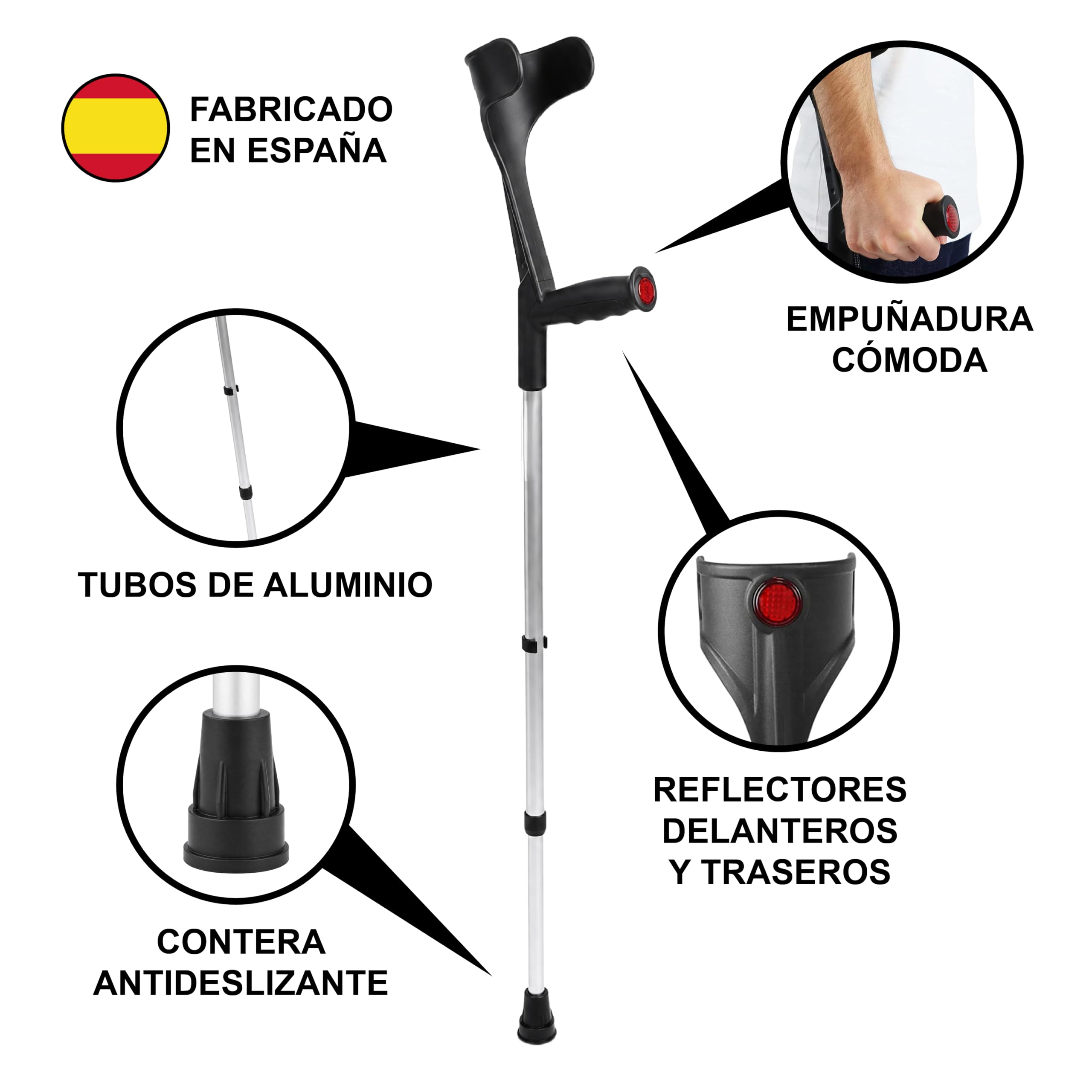 PEPE Mobility Muletas Adulto (x2 uds), Altura Regulable, Aluminio, Ortopédicas, Negro - Fabricado en España
