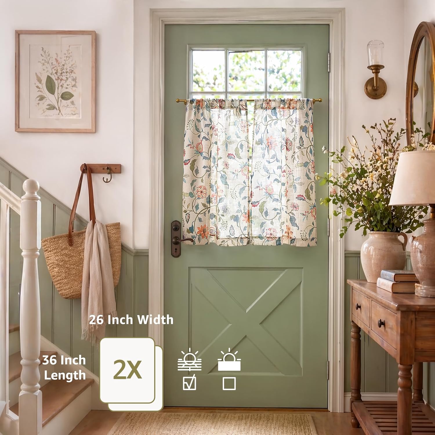 jinchan Hattie Floral Linen Kitchen Tier Curtains Beige 36 in 2 Panels